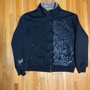 Black Zip-Up Sweater with Graphic Design